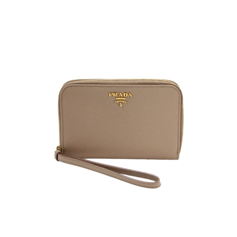 Prada Womens Leather Gold Tone Zip Around Wristlet Wallet Nude Beige